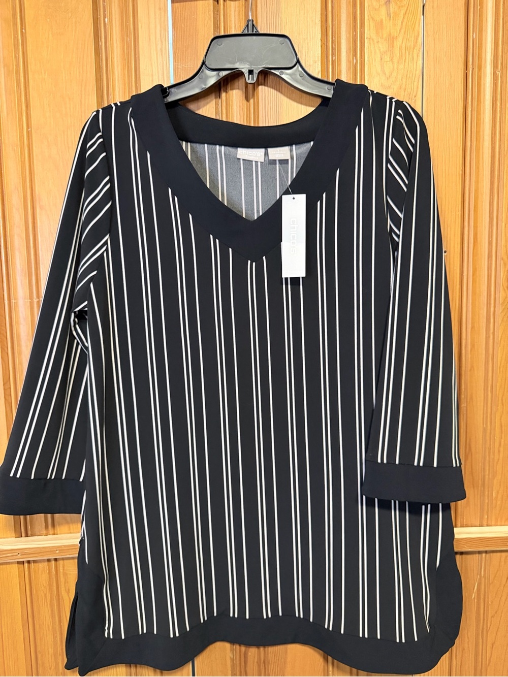 Chico's Black and White Vertical Stripe V-Neck Tunic